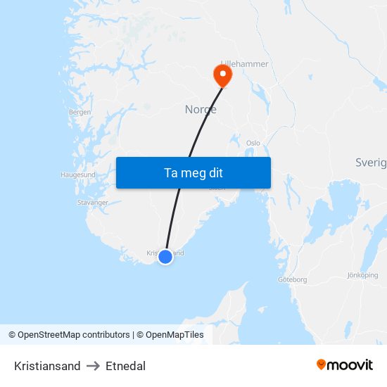 Kristiansand to Etnedal map