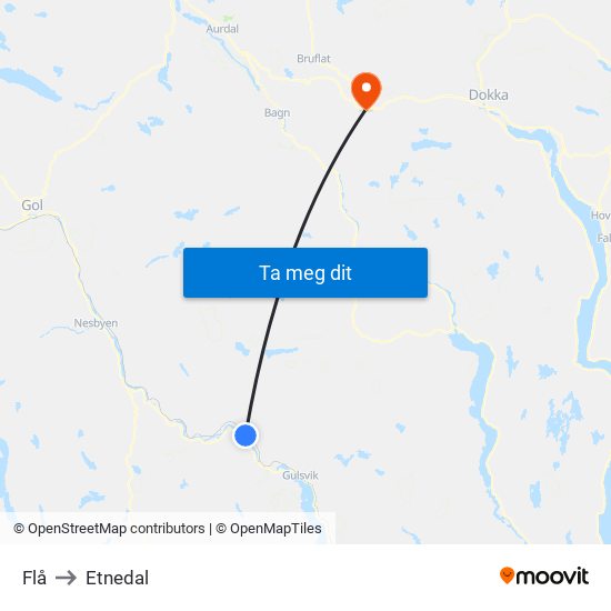 Flå to Etnedal map