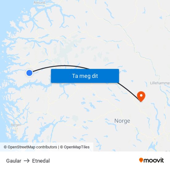 Gaular to Etnedal map