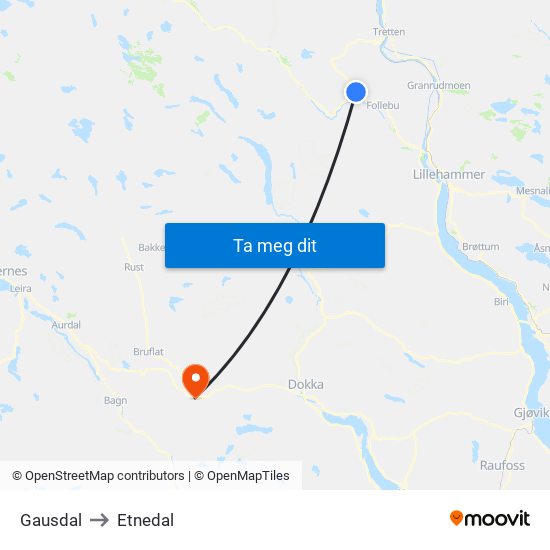 Gausdal to Etnedal map