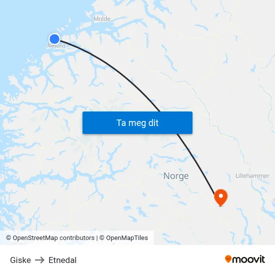 Giske to Etnedal map