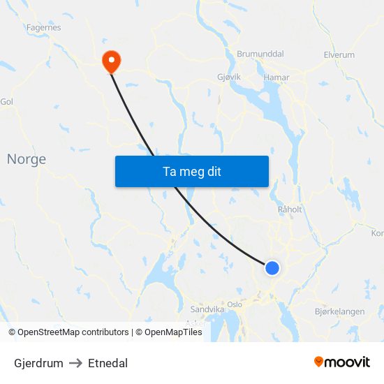 Gjerdrum to Etnedal map