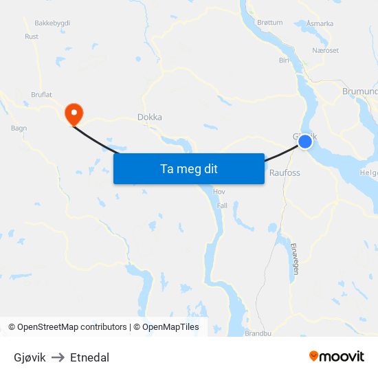 Gjøvik to Etnedal map