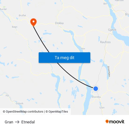 Gran to Etnedal map