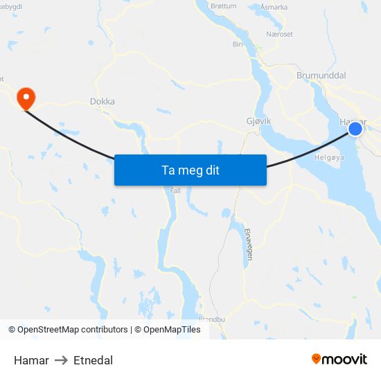 Hamar to Etnedal map