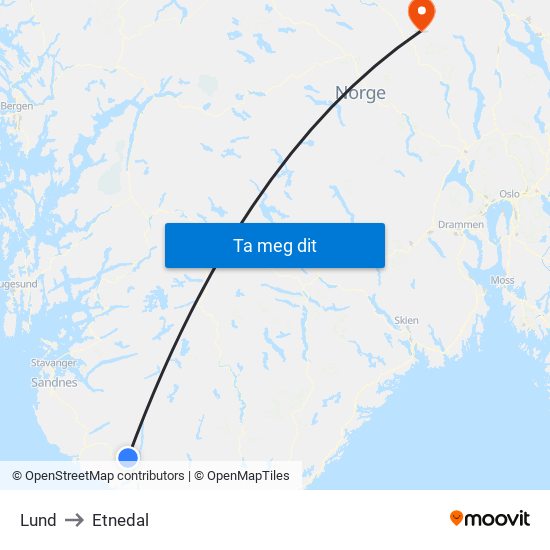 Lund to Etnedal map