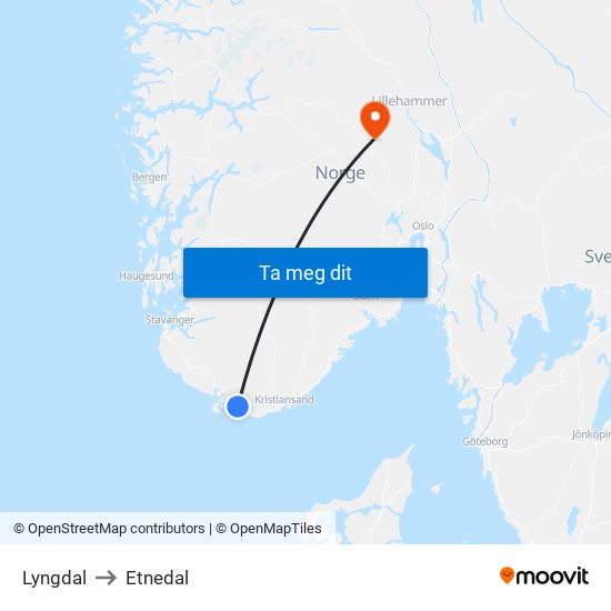 Lyngdal to Etnedal map