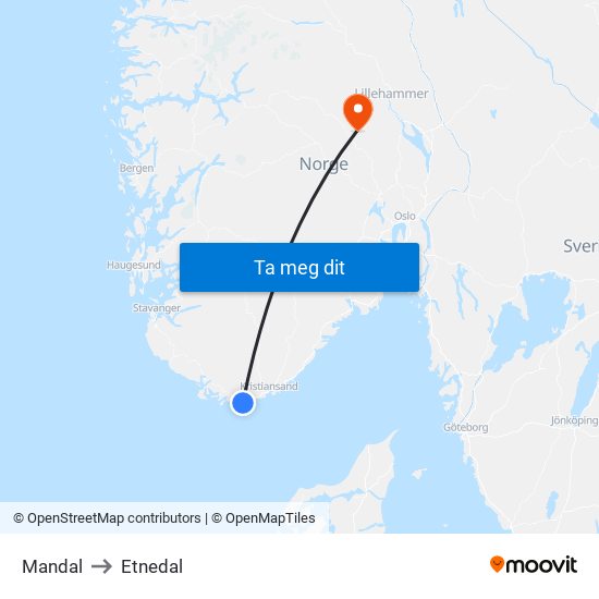 Mandal to Etnedal map