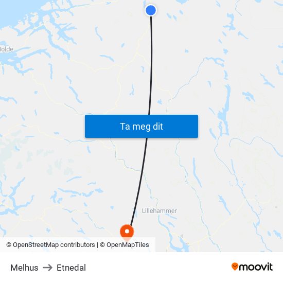 Melhus to Etnedal map