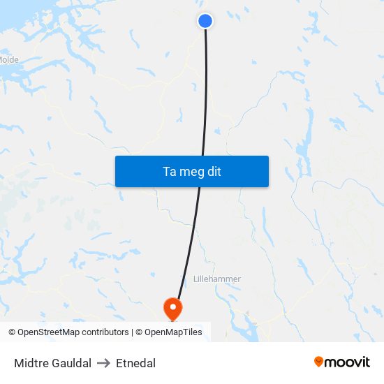 Midtre Gauldal to Etnedal map