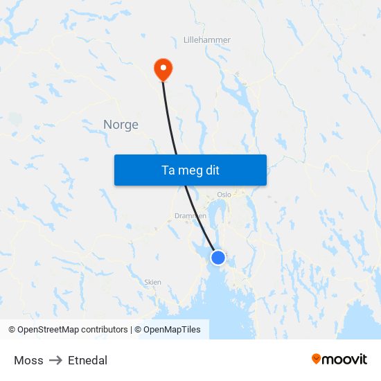 Moss to Etnedal map