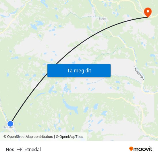 Nes to Etnedal map