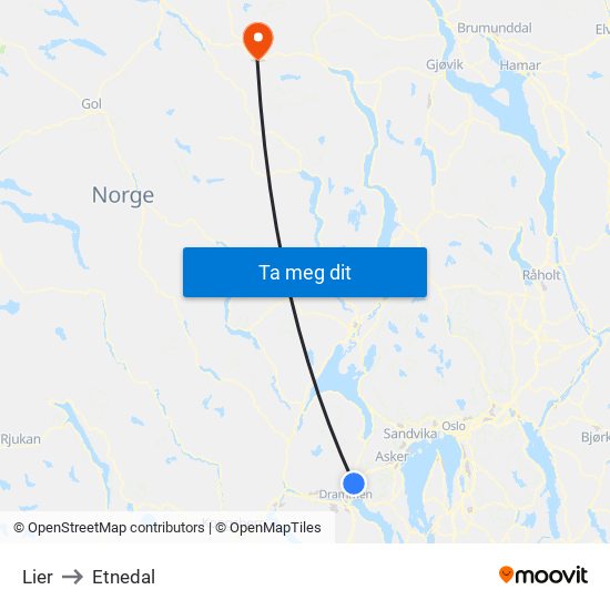 Lier to Etnedal map