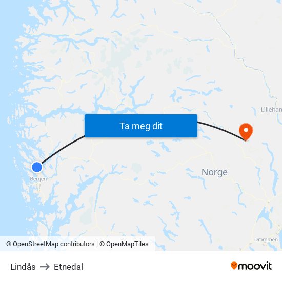 Lindås to Etnedal map
