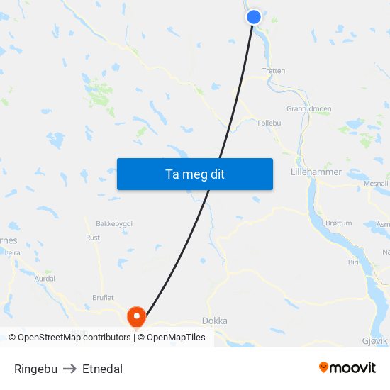 Ringebu to Etnedal map
