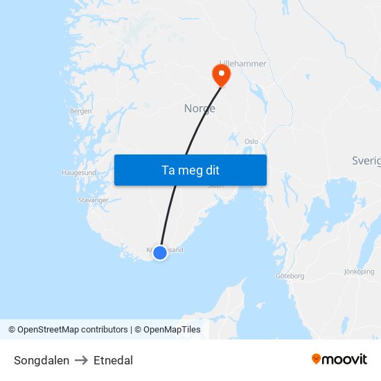 Songdalen to Etnedal map