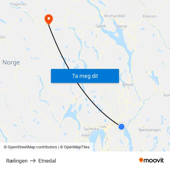 Rælingen to Etnedal map