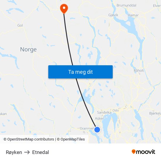 Røyken to Etnedal map