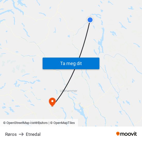 Røros to Etnedal map