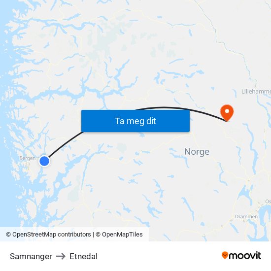 Samnanger to Etnedal map