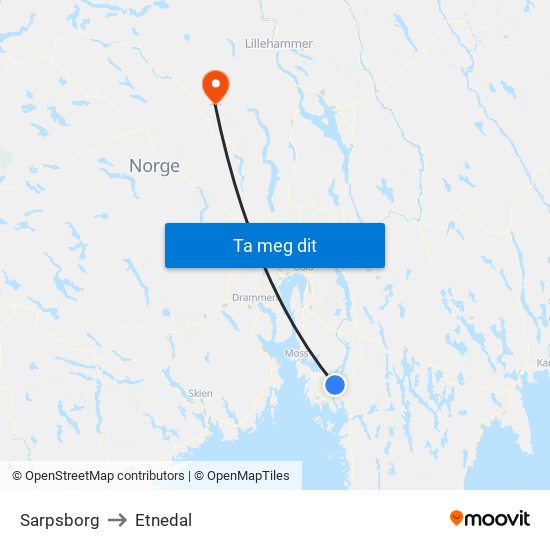 Sarpsborg to Etnedal map