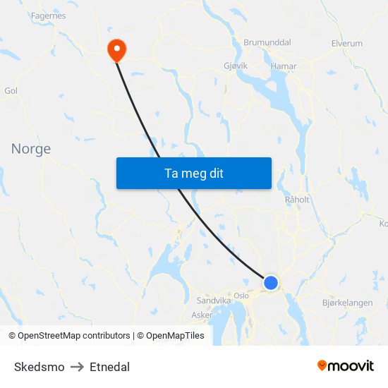 Skedsmo to Etnedal map