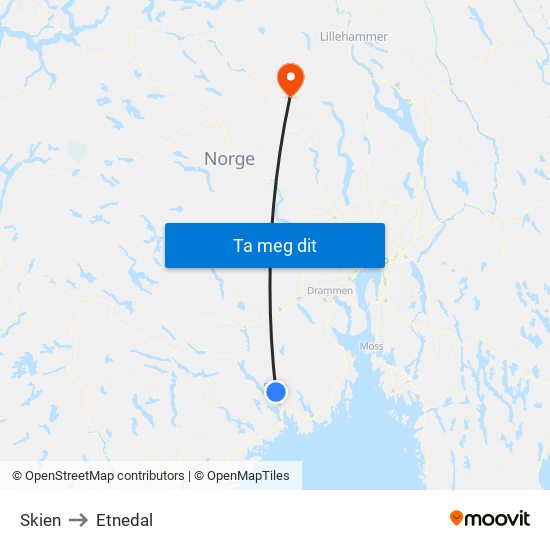 Skien to Etnedal map