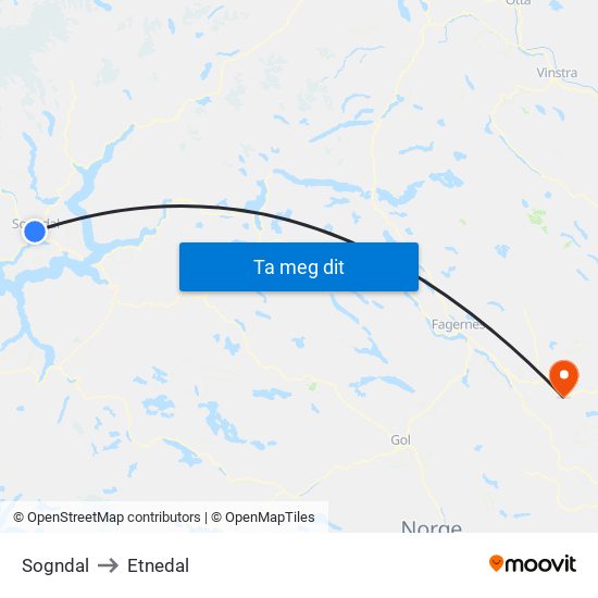 Sogndal to Etnedal map