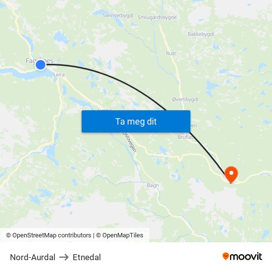 Nord-Aurdal to Etnedal map