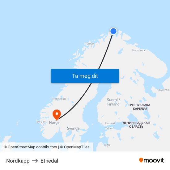 Nordkapp to Etnedal map