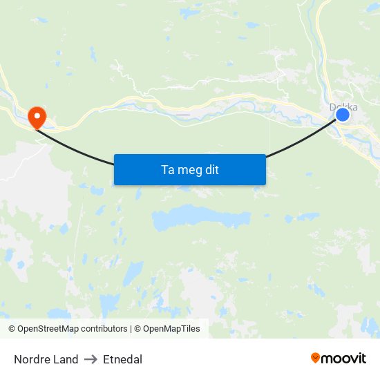 Nordre Land to Etnedal map