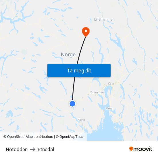 Notodden to Etnedal map