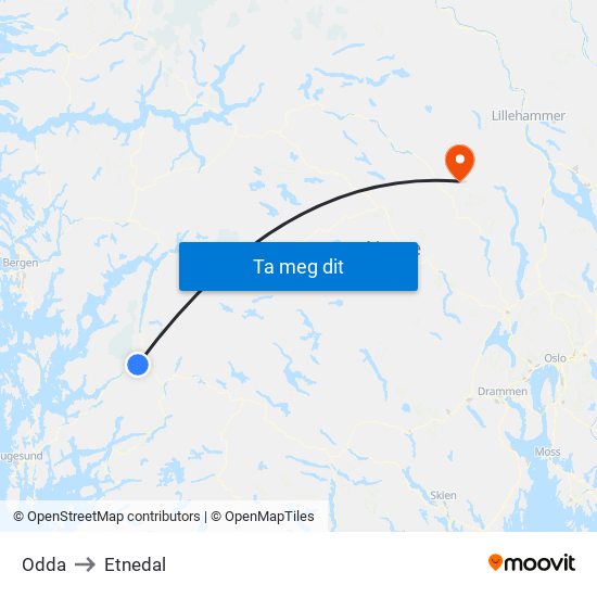 Odda to Etnedal map