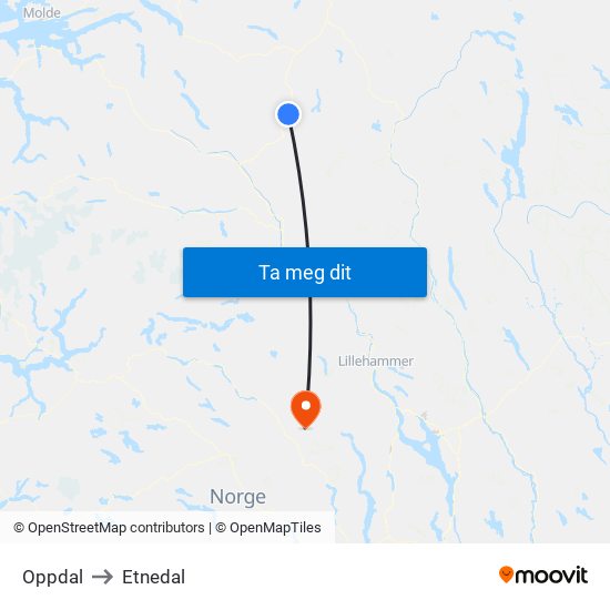 Oppdal to Etnedal map