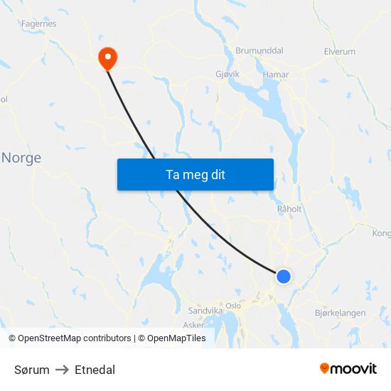 Sørum to Etnedal map