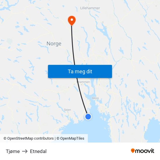 Tjøme to Etnedal map