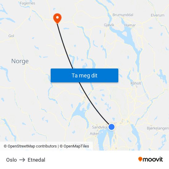 Oslo to Etnedal map