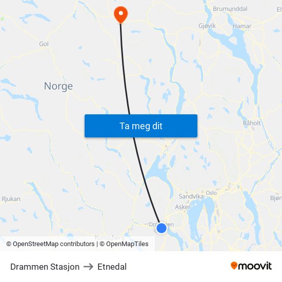 Drammen Stasjon to Etnedal map