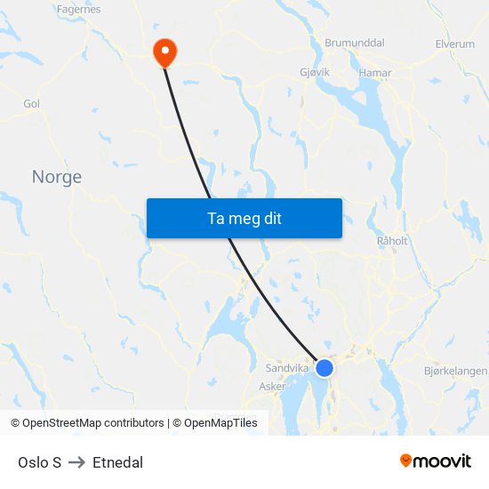 Oslo S to Etnedal map