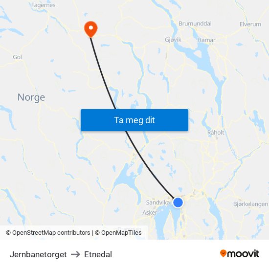 Jernbanetorget to Etnedal map