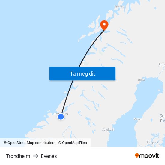 Trondheim to Evenes map