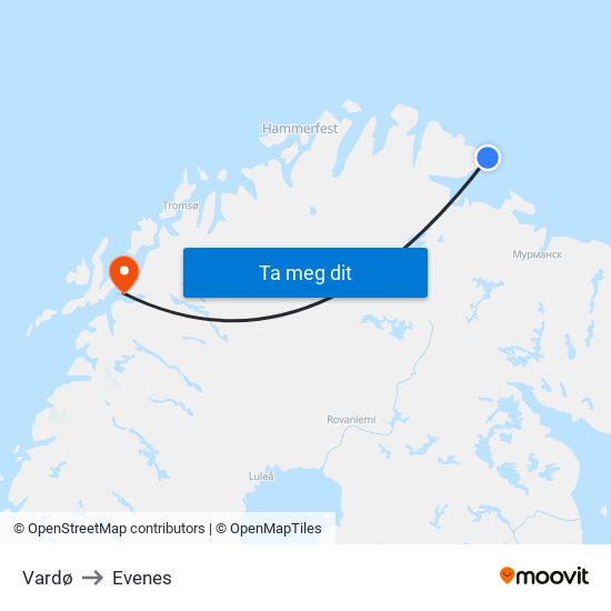 Vardø to Evenes map