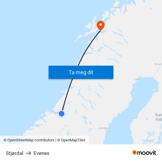 Stjørdal to Evenes map