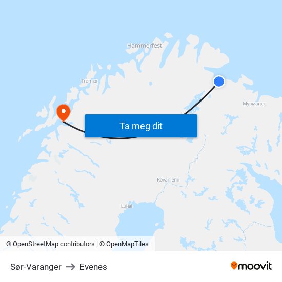 Sør-Varanger to Evenes map