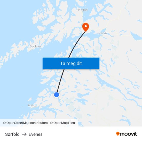 Sørfold to Evenes map