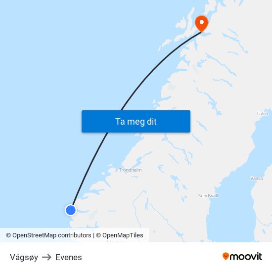 Vågsøy to Evenes map