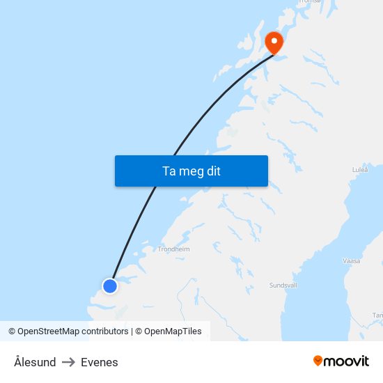 Ålesund to Evenes map