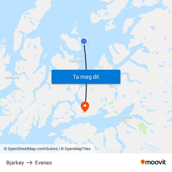 Bjarkøy to Evenes map