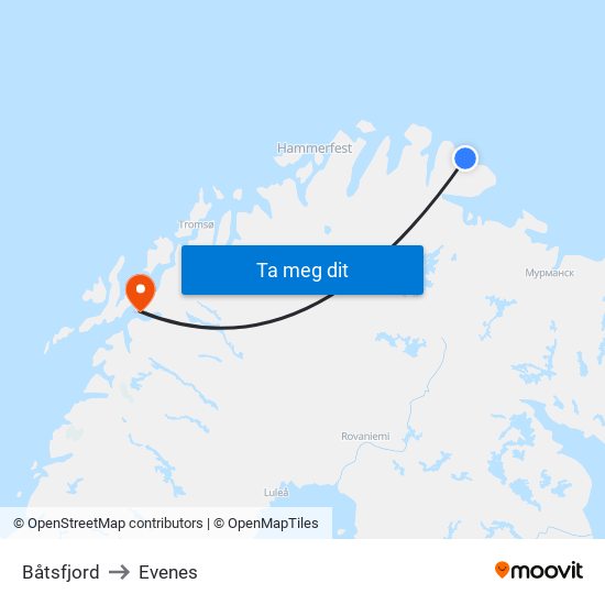 Båtsfjord to Evenes map