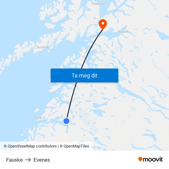 Fauske to Evenes map